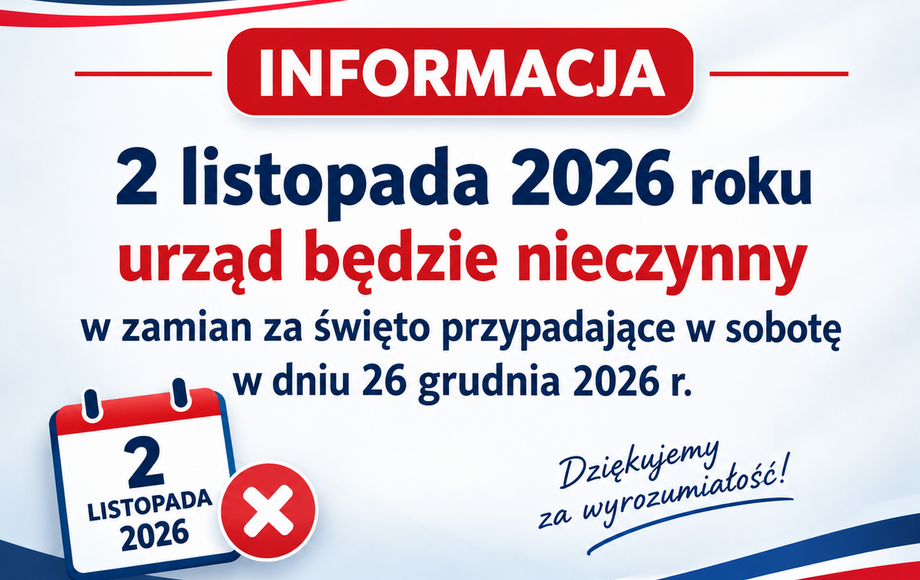 Urząd Gminy w Klonowej będzie nieczynny 2 listopada 2026 roku